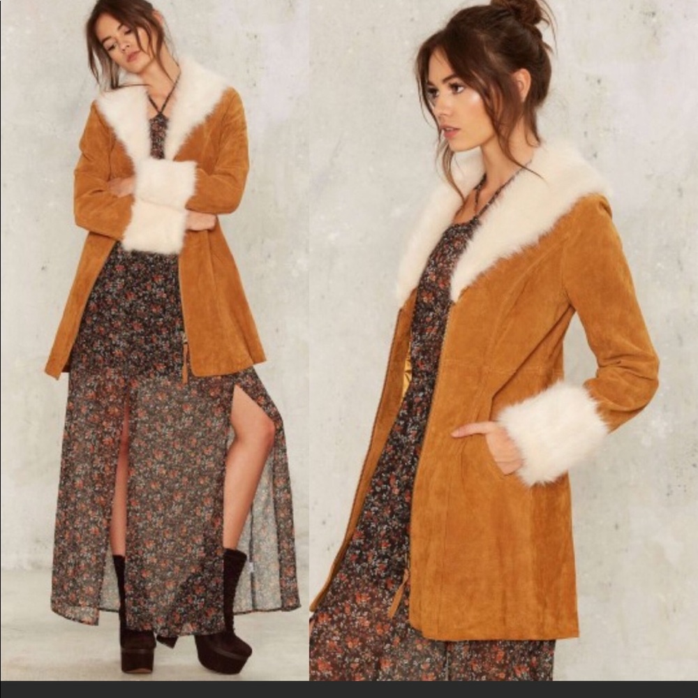 Nasty Gal Tan Suede Coat with White Faux Fur Trim